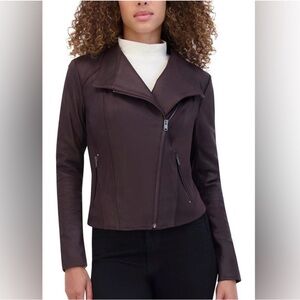 Andrew Marc NY Felix Leather Moto Jacket with Knit Panels Size XS Burgundy